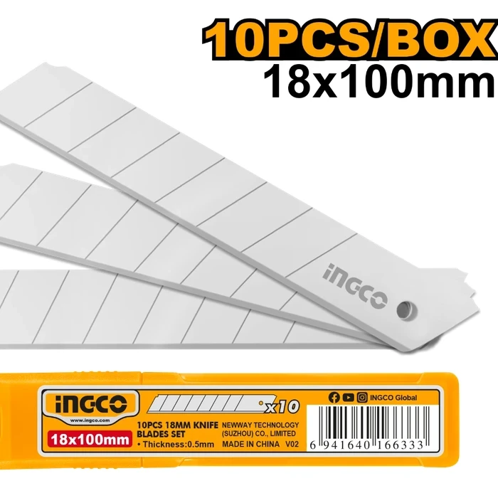 INGCO 10-Piece 18mm Heavy-Duty Utility Knife Replacement Blades Set | Hardened SK5 High-Carbon Steel with Plastic Safety Dispenser | HKNSB112