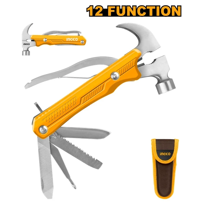 INGCO 12-in-1 Professional Multi-Function Hammer | Heavy-Duty Tactical Pocket Tool with Strong Aluminum Handle, Integrated Pliers, Wire Cutters, Saw, Files & Screwdrivers | HMFH0121