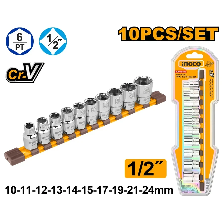 Industrial-Grade Mirror Finish Socket Set | HKTS12103 | 10-Piece 1/2" Drive