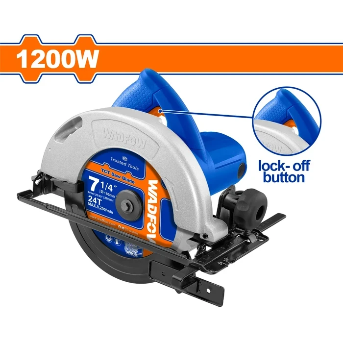 Wadfow 1200W Professional 185mm Circular Saw | Heavy-Duty 5300rpm Straight & Bevel Wood Cutting Machine with 65mm Max Depth & Adjustable Shoe | WCW1512001