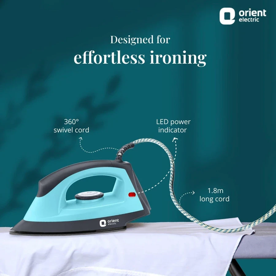 Orient Fabripress 1000W Professional Dry Iron | Intelligent Auto Shut-Off Safety Garment Press with Lightweight Plastic Body & Fast Heat-Up (Turquoise & Black)