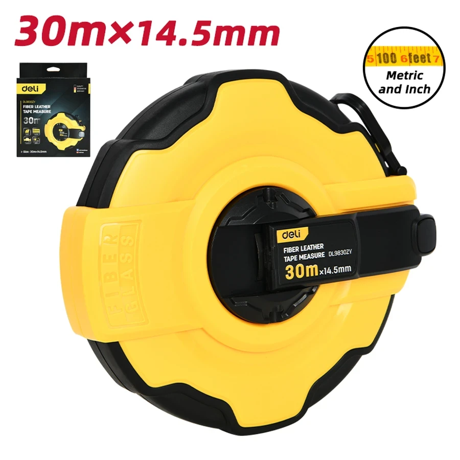 Deli 30m x 14.5mm Professional Fiberglass Measuring Tape Reel | Heavy-Duty Class 2 High-Tensile PVC Coated Tape with Shockproof ABS+TPR Frame | EDL9830ZY
