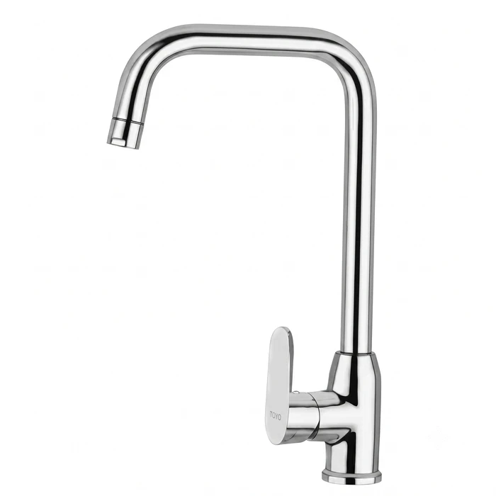 Toyo Chrome Single Lever Table-Mounted Kitchen Sink Mixer with Long Extended Swinging Spout & 600mm Braided Hoses | TOYO-1039