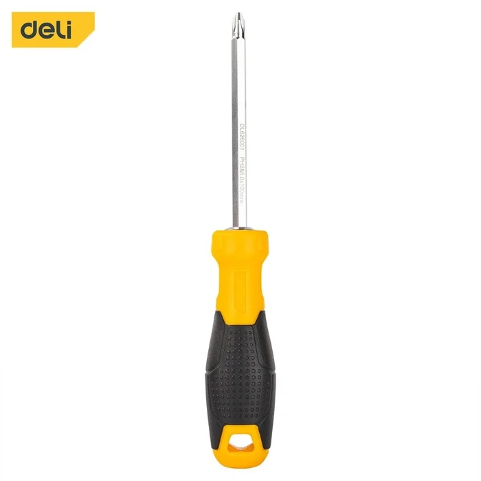 Deli 2-in-1 Interchangeable Screwdriver | Heavy-Duty 6.35x100mm Chrome Vanadium Pass-Thru Hexagonal Shank for Knocking with Anti-Slip Magnetic Handle | EDL626001