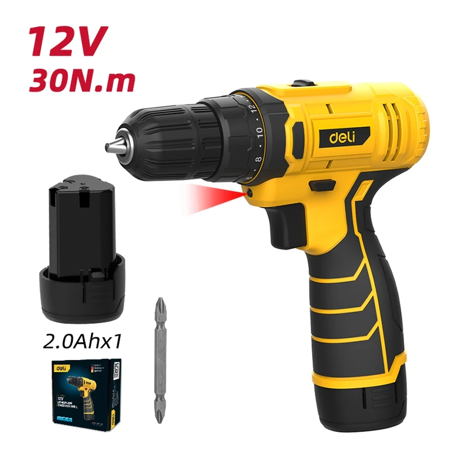 Deli 12V Professional Cordless Drill Driver | 30 N.m Torque Dual-Speed 10mm Keyless Chuck with 18+1 Settings & 2.0Ah Battery (Yellow) | EDL-DZ12-4A2
