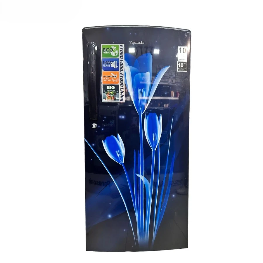 Yasuda Single Door Refrigerator | Advanced Frost Free Cooling & Intelligent Thermal Management | Heavy-Duty Toughened Glass Shelves | Premium Marine Lily Blue Floral | YHDC MLN Series (180L / 200L)