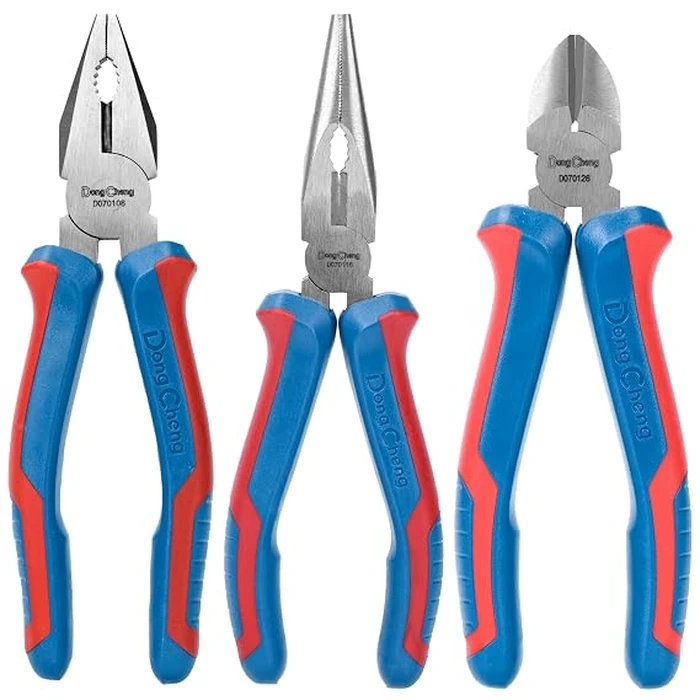 Dongcheng 3-Piece Heavy Duty Forged 55# Steel Pliers Set | High-Leverage Cutting, Gripping & Wire Twisting Mechanics Tool Kit with Ergonomic PVC Handles | DG Series