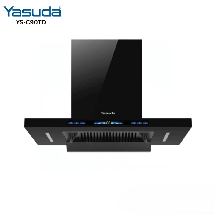 Yasuda 90cm T-Shape Kitchen Chimney with Auto Clean Function | 1400 m³/hr Heavy Duty Suction 200W Motor | Double Layer Concave Filter Touch & Sensor Controls Matte Black | YS-C90TD