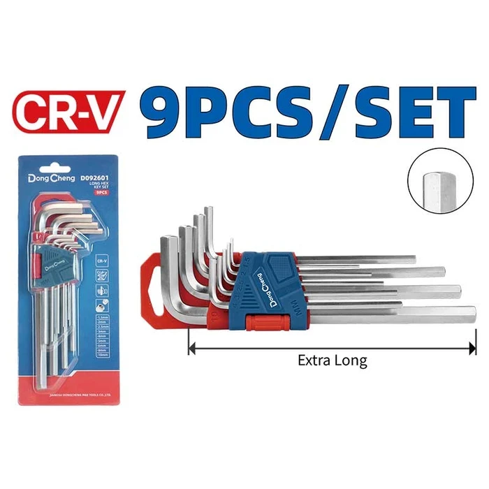 Dongcheng DG 9-Piece Extra Long Arm Hex Key Allen Wrench Set | Maximum Reach Heat-Treated Chrome Vanadium (CR-V) 1.5mm - 10mm Chrome Plated Kit | DG Series