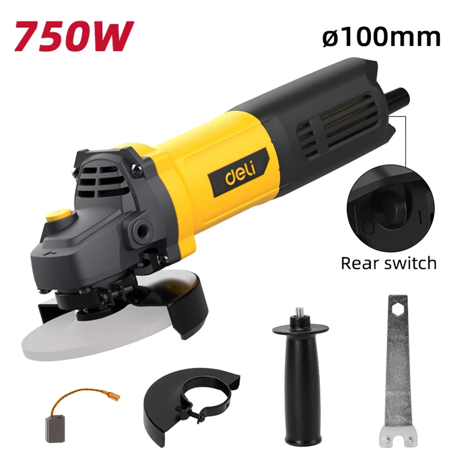 Deli 750W 4" (100mm) Professional Slim-Grip Angle Grinder (12,000 RPM) | Low-Vibration Pure Copper Motor with Spindle Lock & Safety Guard (Yellow) | EDL-JM100-E1