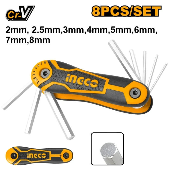 INGCO 8-Piece Folding Pocket Hex Key Set | Premium Heat-Treated Chrome-Plated Cr-V Metric Allen Wrench Driver Sizes 2mm to 8mm | HHK14081