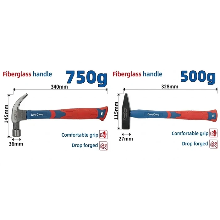 Dongcheng DG Professional Curved Claw Hammer Series (500g & 750g) | Drop-Forged Heat-Treated 45# Carbon Steel Flat Face with Two-Color Fiberglass Handle | DG Series