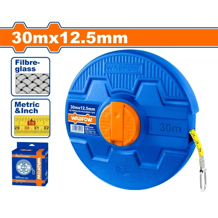Wadfow 30m x 12.5mm Professional Fiberglass Long Measuring Tape | Heavy-Duty Metric & Inch Dual Scale Open Frame Layout Tool with Pure Material Retracting Gear & Integrated Handle | WMT2530