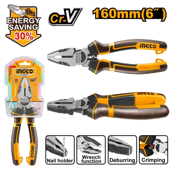 INGCO 6" / 160mm Professional High Leverage Combination Pliers | 30% Energy Saving Cr-V Steel Universal Gripping Tool with Deburring, Spanner & Crimping Functions | HHCP28160