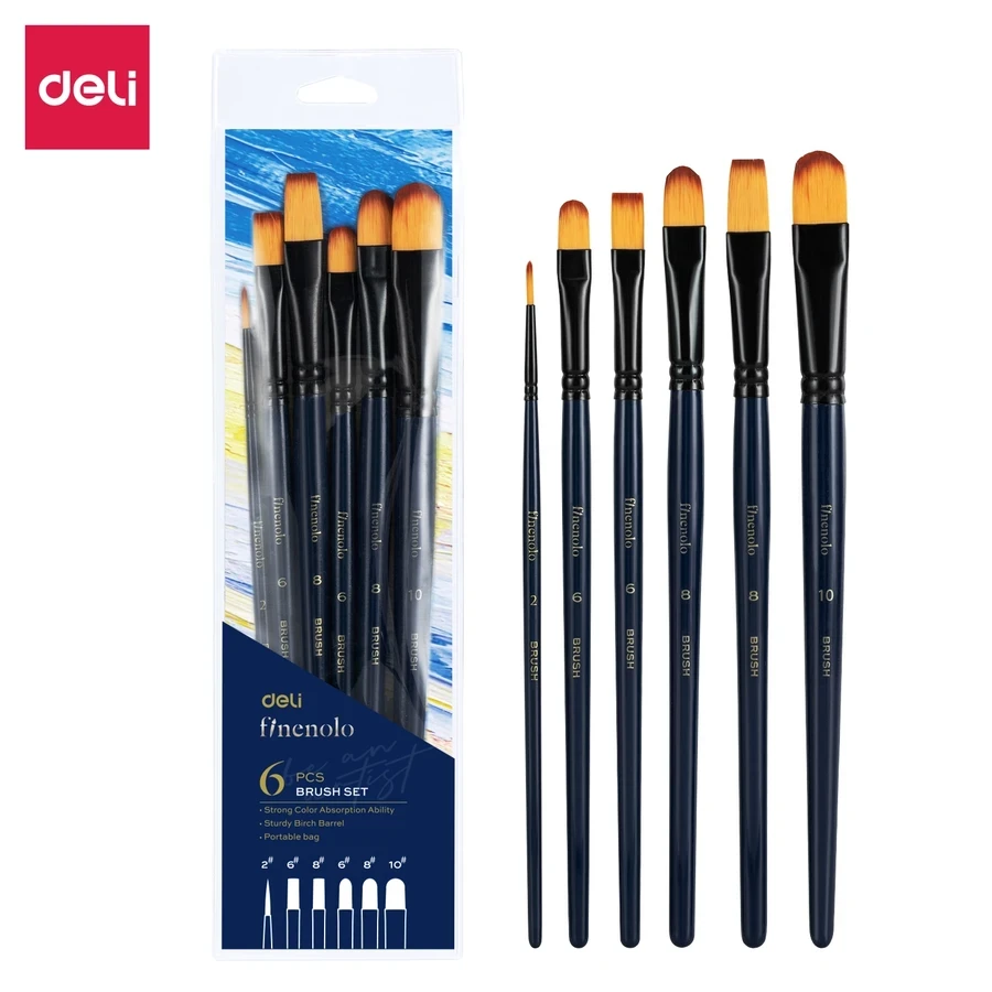 Deli 6-Piece Propylene Acrylic Brush Set | Hard Nylon Bristles, Aluminum Ferrules & Wooden Handles for Heavy-Body Painting | EC278