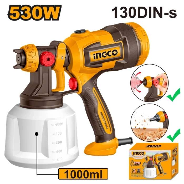 INGCO 530W High-Capacity Electric Paint Spray Gun | 1000ml Fluid Reservoir with Adjustable Spray Amplitude, 130DIN-s Max Viscosity, and Integrated Dust Blower Function | SPG4506