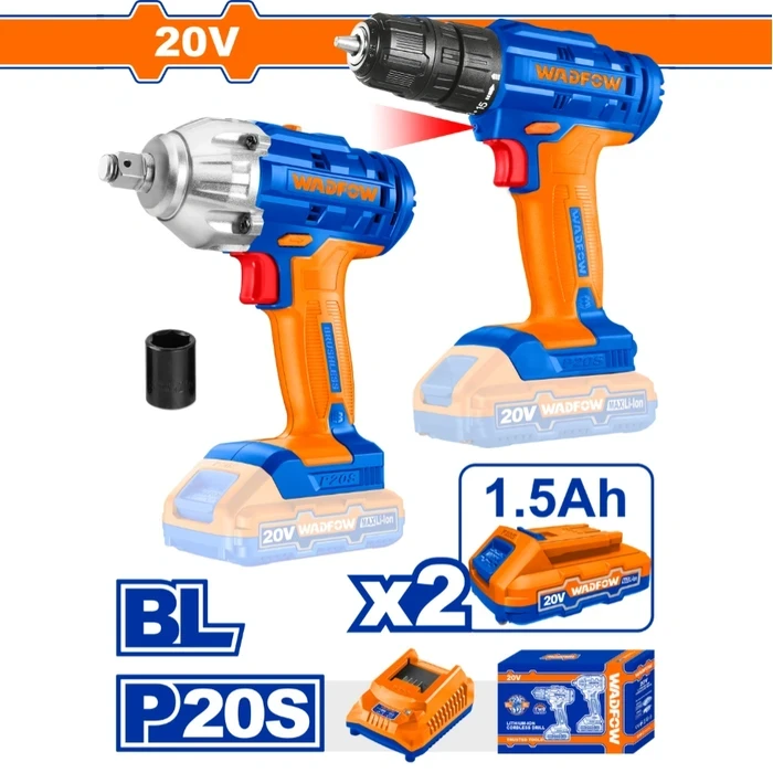 Wadfow 20V Cordless 2-Pcs Combo Kit with Brushless Impact Wrench & Lithium-Ion Drill | 300Nm Max Torque 1/2" Square Drive 35Nm Drill 15+1 Clutch | 2x 1.5Ah Batteries & Charger | WCK2017