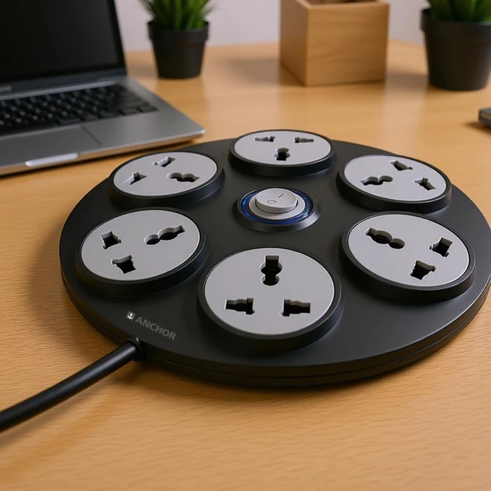 Anchor 6-Way Round Spike Guard Power Strip with Single Switch & 420 Joules Surge Protection | 6A 240V Heat-Resistant ABS Body Type D Plug (Black & Grey) | 22081