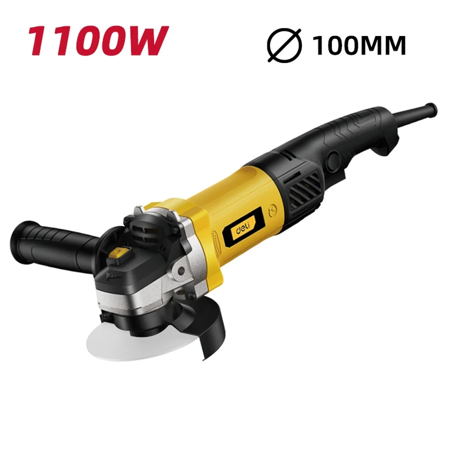 Deli 1100W 4" (100mm) Heavy-Duty Professional Angle Grinder (11,000 RPM) | High-Power All-Copper Motor with Long Rear Switch & Easy-Service Design (Yellow) | EDL-JM100-E4