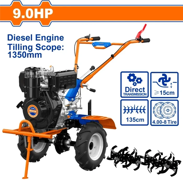 Wadfow 9HP 418cc Professional Diesel Power Tiller | Heavy-Duty Gear-Driven Cultivator with Cast Iron Case, 1350mm Tilling Scope & 40 Pcs Blades | WTL3A135