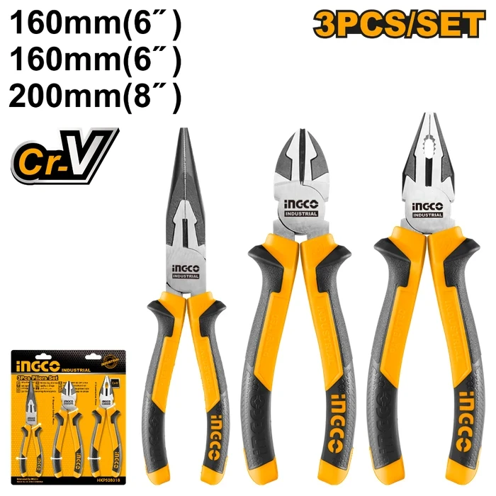 INGCO 3-Piece Industrial Pliers Set | Forged Chrome Vanadium Steel with Black Polish Finish | Combination, Long Nose & Diagonal Cutters | HKPS28318