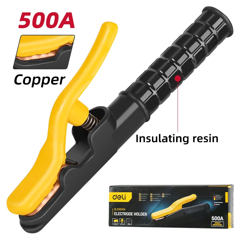 Deli Tools 500A Manual Arc Welding Electrode Holder | One-Piece Pure Copper Forging & Fully Insulated Head | 70-95mm² Cable & 3.2-8.0mm Electrodes | EDL23500A