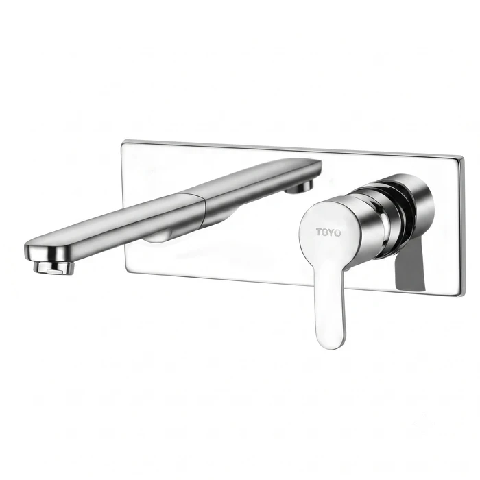TOYO Wall Mounted Basin Mixer Exposed Parts Trim Kit | Premium Chrome Solid Brass Single Lever Faucet Assembly with Spout, Lever Handle, Connecting Nipple & Wall Flange | TOYO-SA-52216