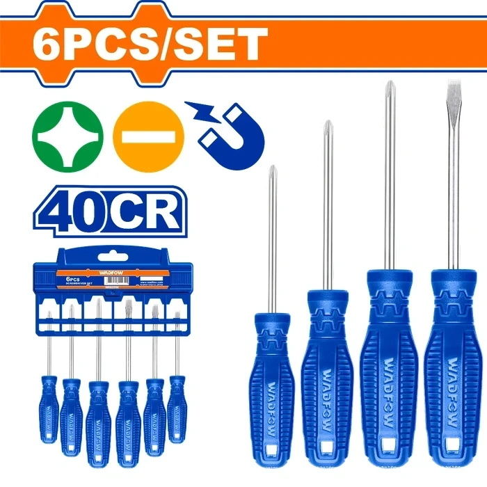 Wadfow 6-Piece Professional Screwdriver Set | Heavy-Duty 40Cr Steel Round Shank Mechanics Tool Kit with Slotted & Phillips Magnetic Tips | WSS2206