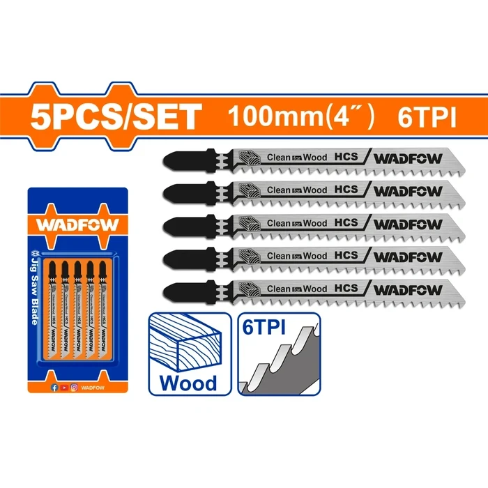 INGCO 5-Piece HCS Clean Cut Jigsaw Blades Set for Wood (74mm Tooth / 6TPI) | Taper Ground Teeth Saw Blades for Softwood, Plywood & Chipboard (10-45mm) | WJB101D