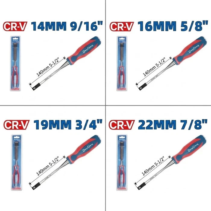 Dongcheng DG Professional Bevel Edge Wood Chisel Series (14mm, 16mm, 19mm, 22mm x 140mm) | Shatterproof Fiberglass Handle with Precision Ground Alloy Blade | DG Series