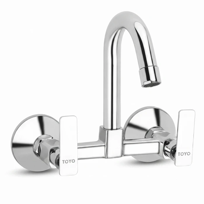 Toyo Wall Mounted Kitchen Sink Mixer with Swinging Spout & Dual Brass Handles | Solid Brass Kitchen Faucet with Connecting Legs | AQ-51919