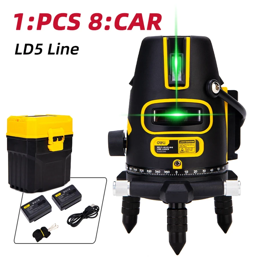 Deli 5-Line LD Green Beam Self-Leveling Laser Level | High-Visibility Outdoor Line Laser with 360° Rotary Base, ±3° Auto-Alarm & Plastic Case | EDL332305