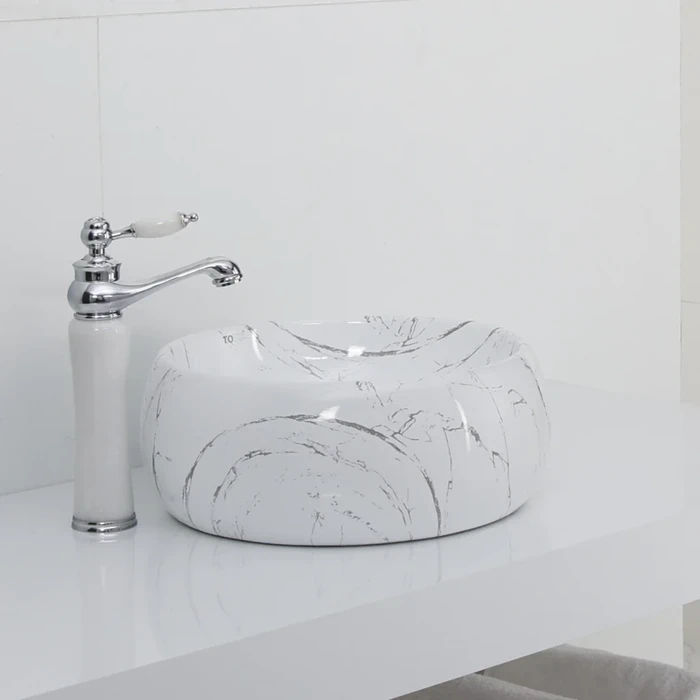 Toyo Snow-231 Ceramic Countertop Art Basin 16"x16" | White Marble Glossy Premium Finish | Stain Resistant Easy to Clean Bathroom Wash Basin | 410x410x170mm