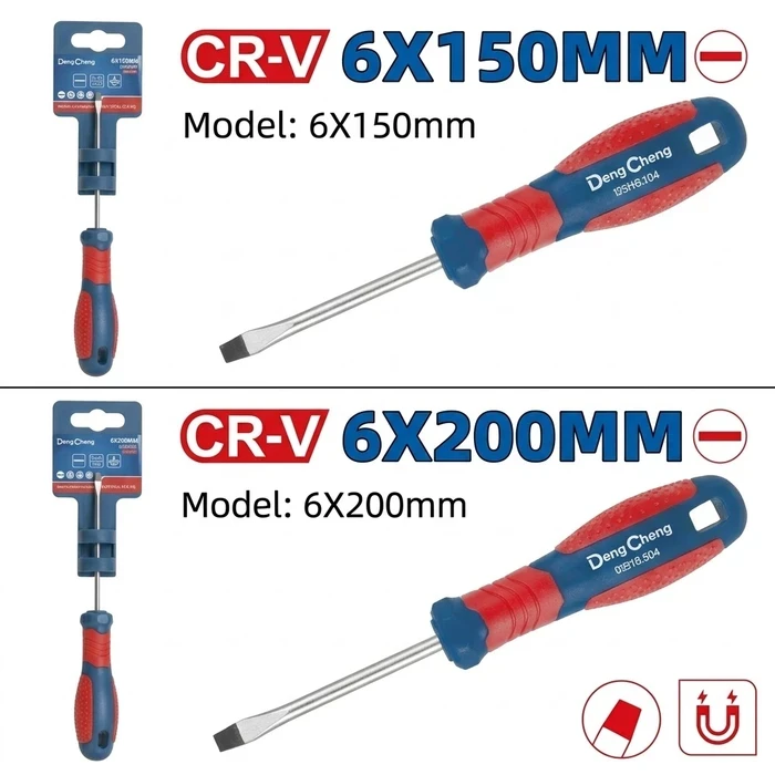 Dongcheng 6mm Magnetic Slotted Screwdrivers (6x150mm & 6x200mm) | Premium Chrome Vanadium Steel Flat Head Fastening Drivers with High-Impact Handle | DG Series