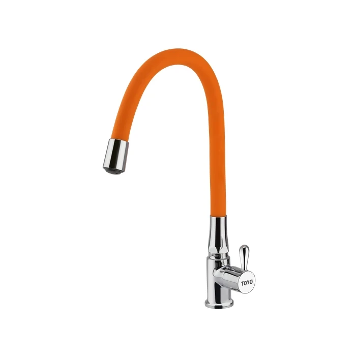 TOYO Premium Swan Neck Kitchen Faucet with Orange Flexible Spout | Table Mounted Single Control Tap | Heavy-Duty Brass Handle & Connector Assembly | BE-53113-Orange
