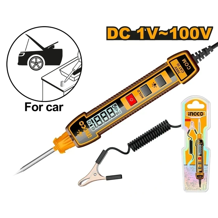 INGCO Digital Automotive Circuit Tester DC 1-100V | Professional Vehicle Voltage Tester Probe with 2700mm Expandable Cable | Flashlight & Backlit Display Diagnostic Tool | HSDT41001