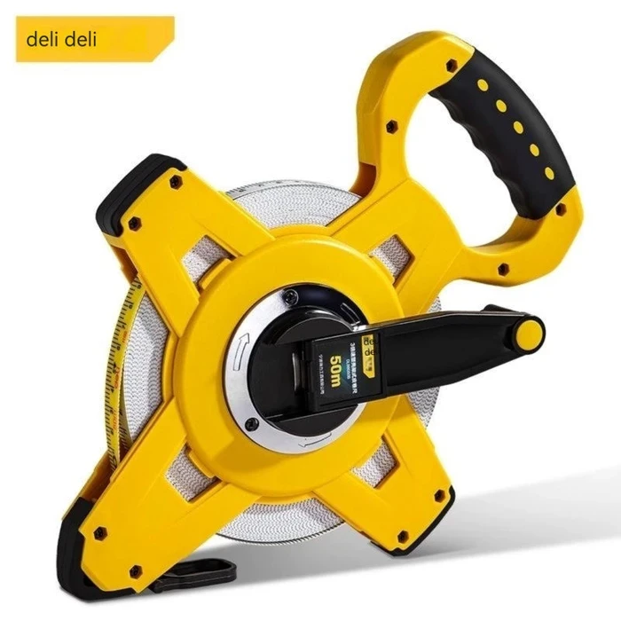 Deli Tools 50m Fiberglass Measuring Tape | ABS+TPR Shock-Absorbing Closed Molded Shell | 14.5mm Stretch-Resistant Blade | DL98050B