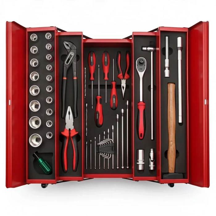 Baum 46-Piece Half Inch Drive Metric Socket And Master Mechanic Hand Tool Set In 5-Compartment Cantilever Metal Box Art-B20