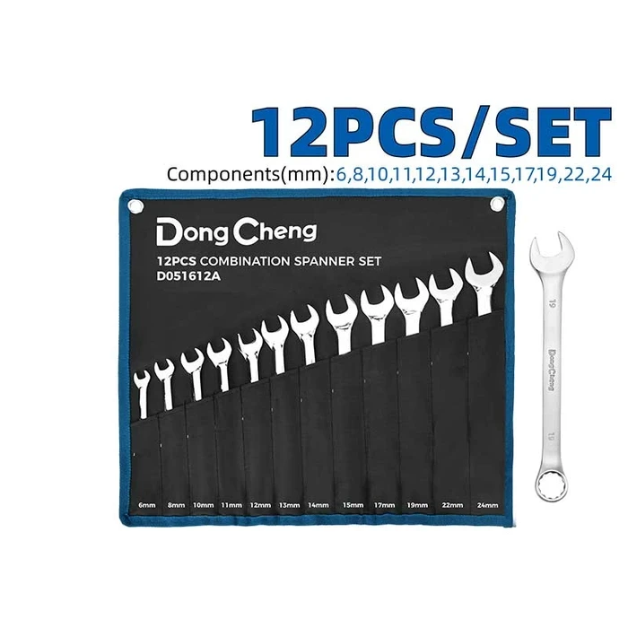 Dongcheng 12-Piece Metric Combination Spanner Set (6–24mm) | Forged Alloy Steel Fine Polished Open & 12-Point Box End Wrenches with Matte Chrome Finish | DG Series