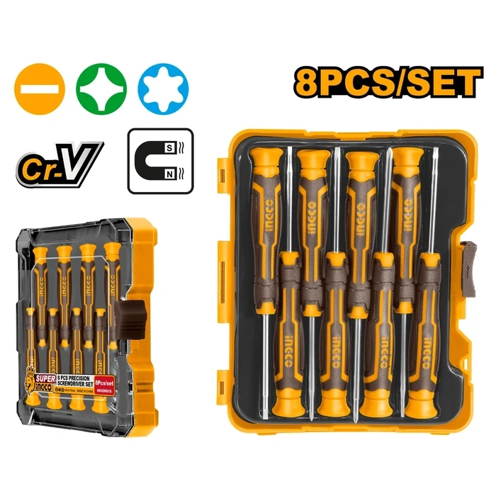 INGCO 8PCS Professional Precision Screwdriver Set | Premium CR-V 50mm Micro Driver Kit (Slotted, Phillips, Torx Star) with New Comfort-Grip Handles & Case | HKSD0818