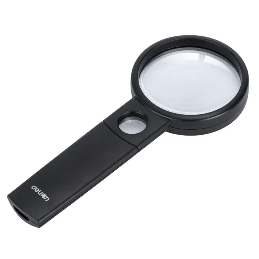Deli 75mm Handheld Dual-Power Magnifying Glass | 2.5X Primary & 5X Inset Convex Lens with Ergonomic ABS Frame (Black) | E9090