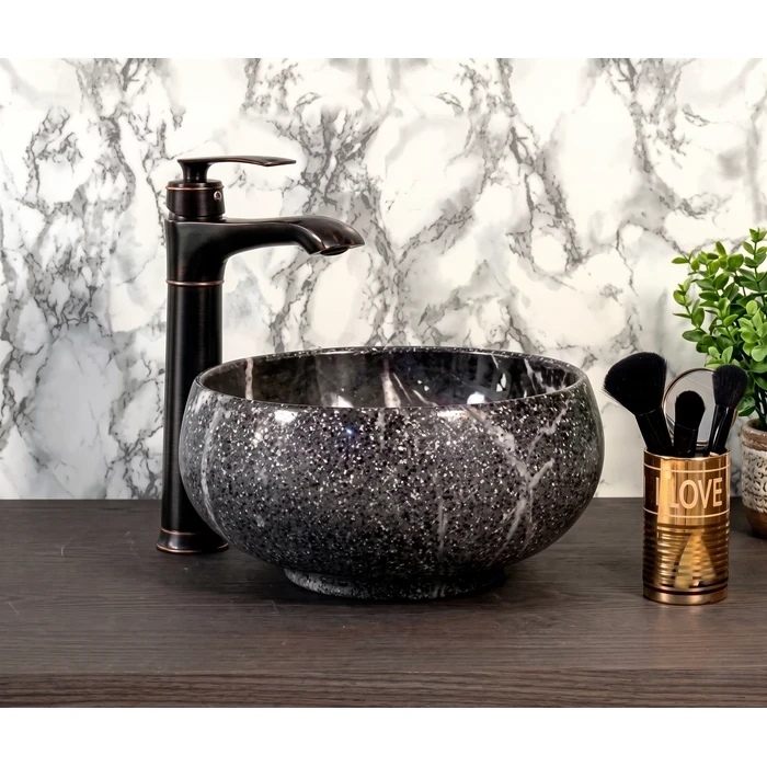 Toyo Tulip-223 Ceramic Countertop Art Basin 12"x12" | Black Marble & Texture Double Finish | Stain Resistant Easy to Clean Bathroom Wash Basin | 310x310x160mm