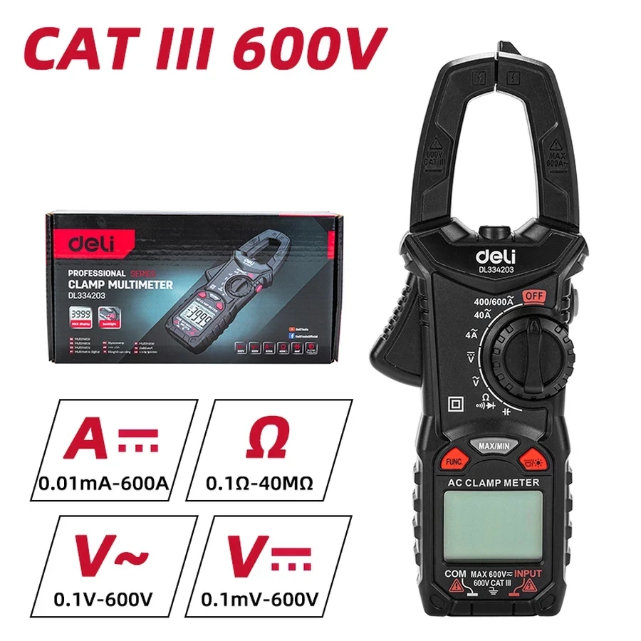 Deli Digital Clamp Multimeter CAT III 600V Auto Ranging 25mm Jaw Clamp for AC/DC Voltage, AC Current & Resistance with Backlight & Data Hold (Red) | EDL334203