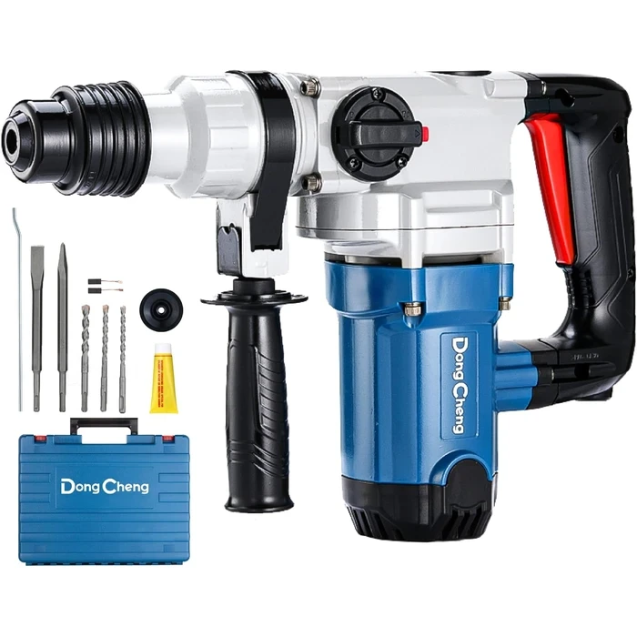 Dongcheng 28mm Corded Heavy Duty Rotary Hammer 1100W | 1,300 RPM Industrial Concrete Drilling & Chipping Station with Bits & Chisels | DZC03-28