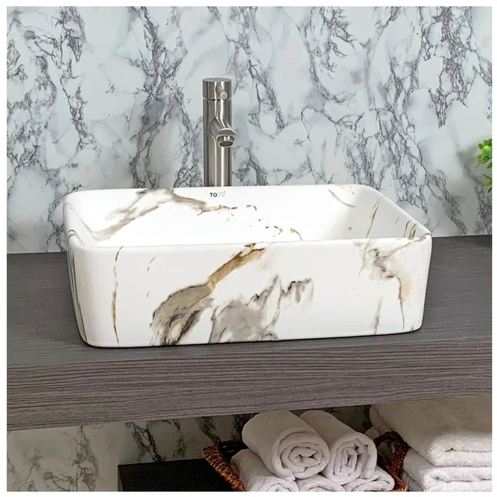 Toyo Car-393 Ceramic Countertop Art Basin 14.5"x19" | White Marble Matt Premium Finish | Stain Resistant Easy to Clean Bathroom Wash Basin | 480x370x130mm