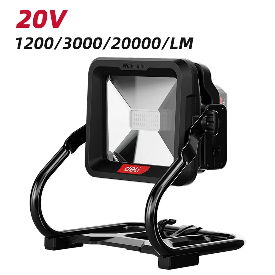 Deli Cordless LED Work Light 20V 3000 Lumens Dual-Power (Plug-in/Battery) with 360° Swivel Head & Heavy-Duty Frame (Red) | EDE830Z
