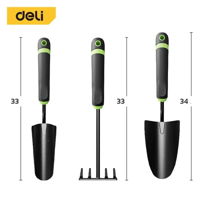 Deli 330mm Professional High-Quality Steel Garden Fork Rake | Heavy-Duty Hand Soil Tiller with Rust-Resistant Coating & Ergonomic Green Handle | EDL-YL3004