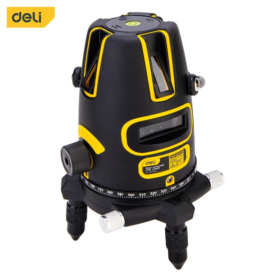 Deli 3-Line LD Green Beam Self-Leveling Laser Level | High-Visibility Outdoor Cross-Line Laser with 360° Rotary Base, ±3° Auto-Alarm & Plastic Case | EDL332303