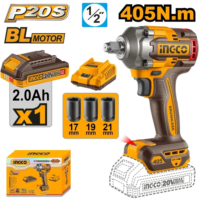 INGCO 20V Cordless Brushless 1/2" Impact Wrench | 555Nm High Breakaway Torque Nut Runner with 3-Speed Selector, 2.0Ah Battery, Charger & 3-Piece Socket Set | CIWLI20455