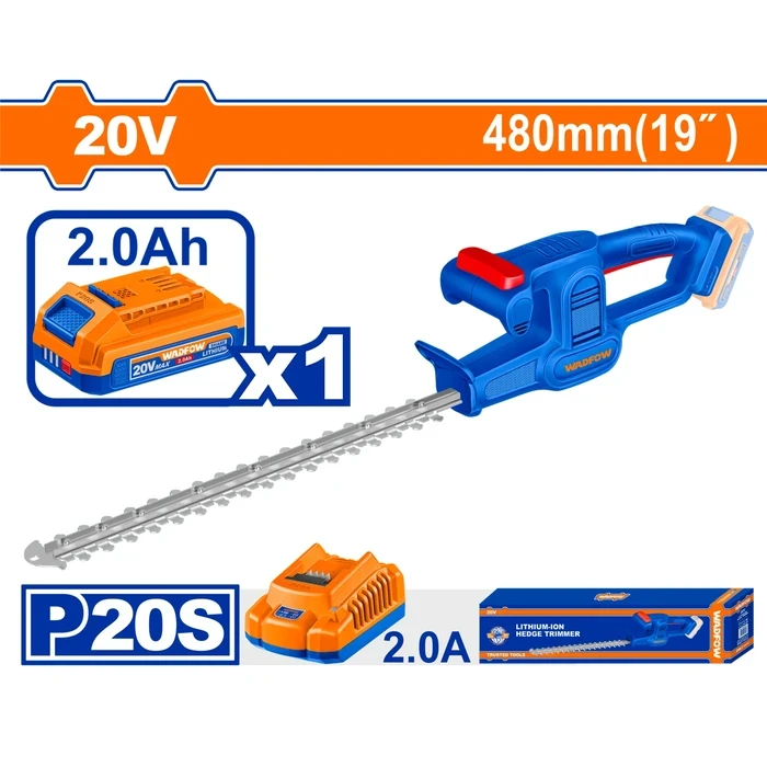 Wadfow 20V Lithium-Ion Professional Cordless Hedge Trimmer | 480mm Laser Cut Blade Shrub Shear with 2400spm Max Speed, 16mm Cutting Diameter & 2.0Ah Battery Kit | WLYP5181